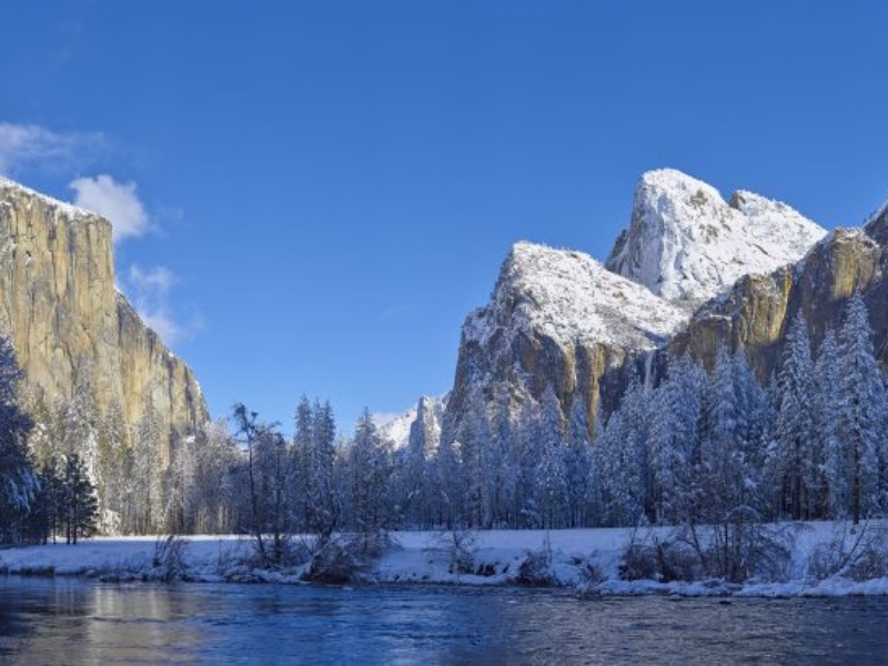 El Capitan Cathedral Rocks winter panorama Yosemite National Park