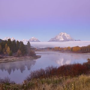 A fall morning before the sun hits the peaks at the Oxbow Bend Tetons National Park